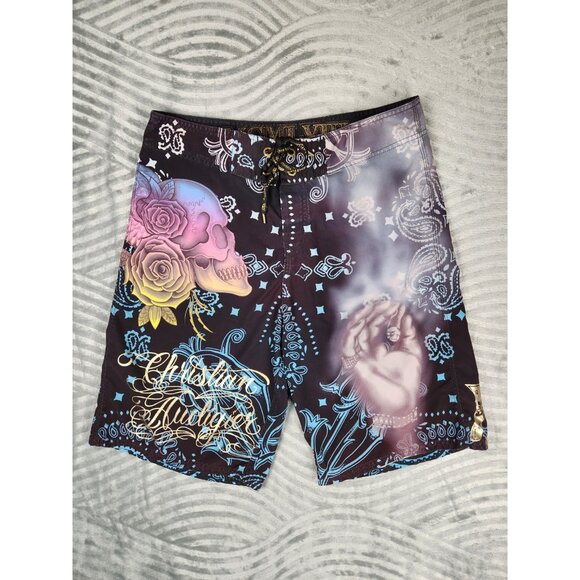 Christian Audigier Blow Smoke Board Shorts Size 34 Y2K Vintage Ed Hardy Skull - Picture 1 of 14